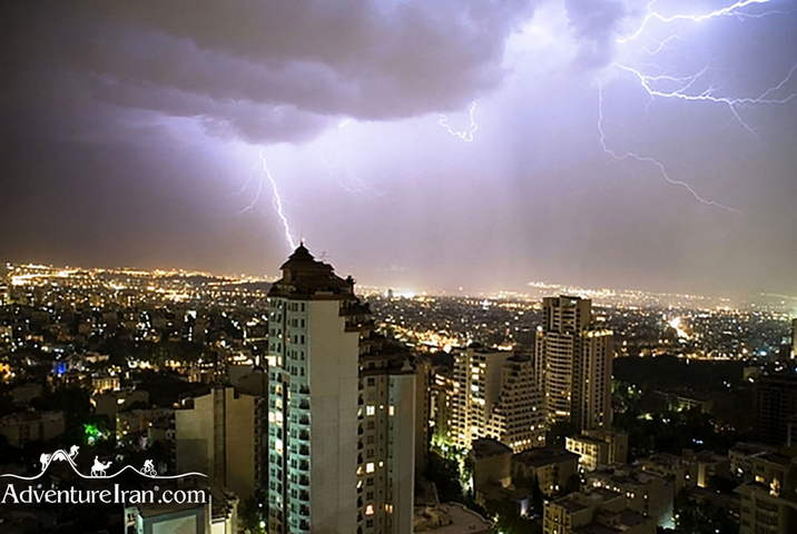 night view of thunder and lightning in Tehran