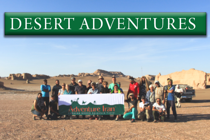 A group in Desert holding Adventure Iran's flag