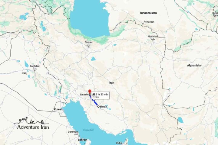 Shiraz to Mount Dena Distance - Iran Map