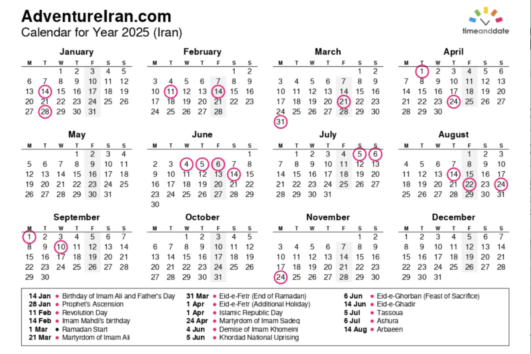 Iran Calendar Weekend and National holidays - ADVENTURE IRAN Official